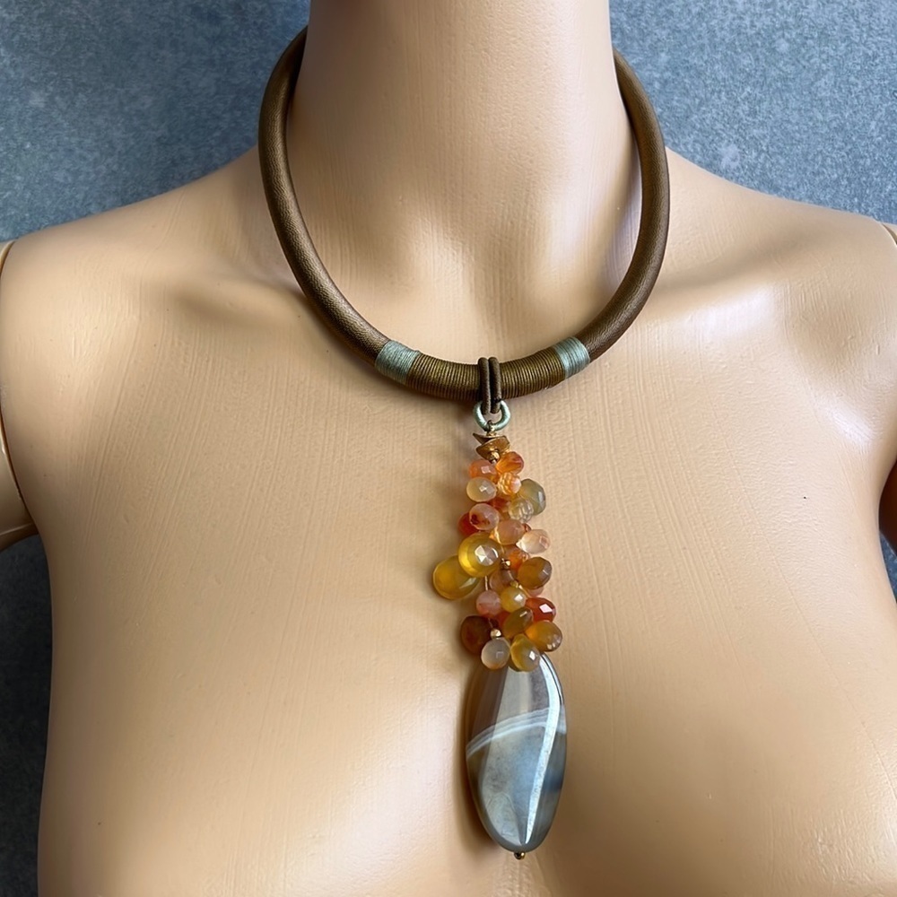 Agate Stone and Amber Silk Necklace